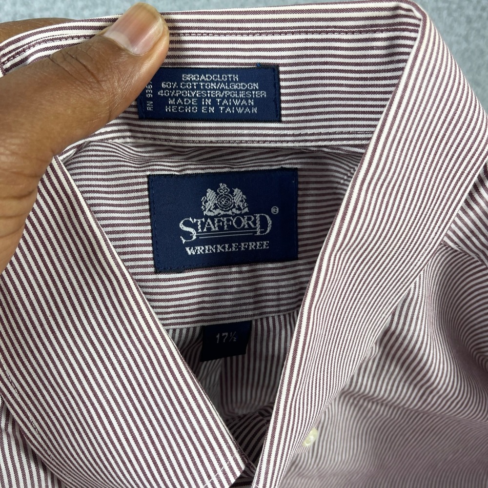 Stafford Mens 17.5 Burgundy White Striped Wrinkle Free Short Sleeve Dress Shirt - Picture 2 of 8